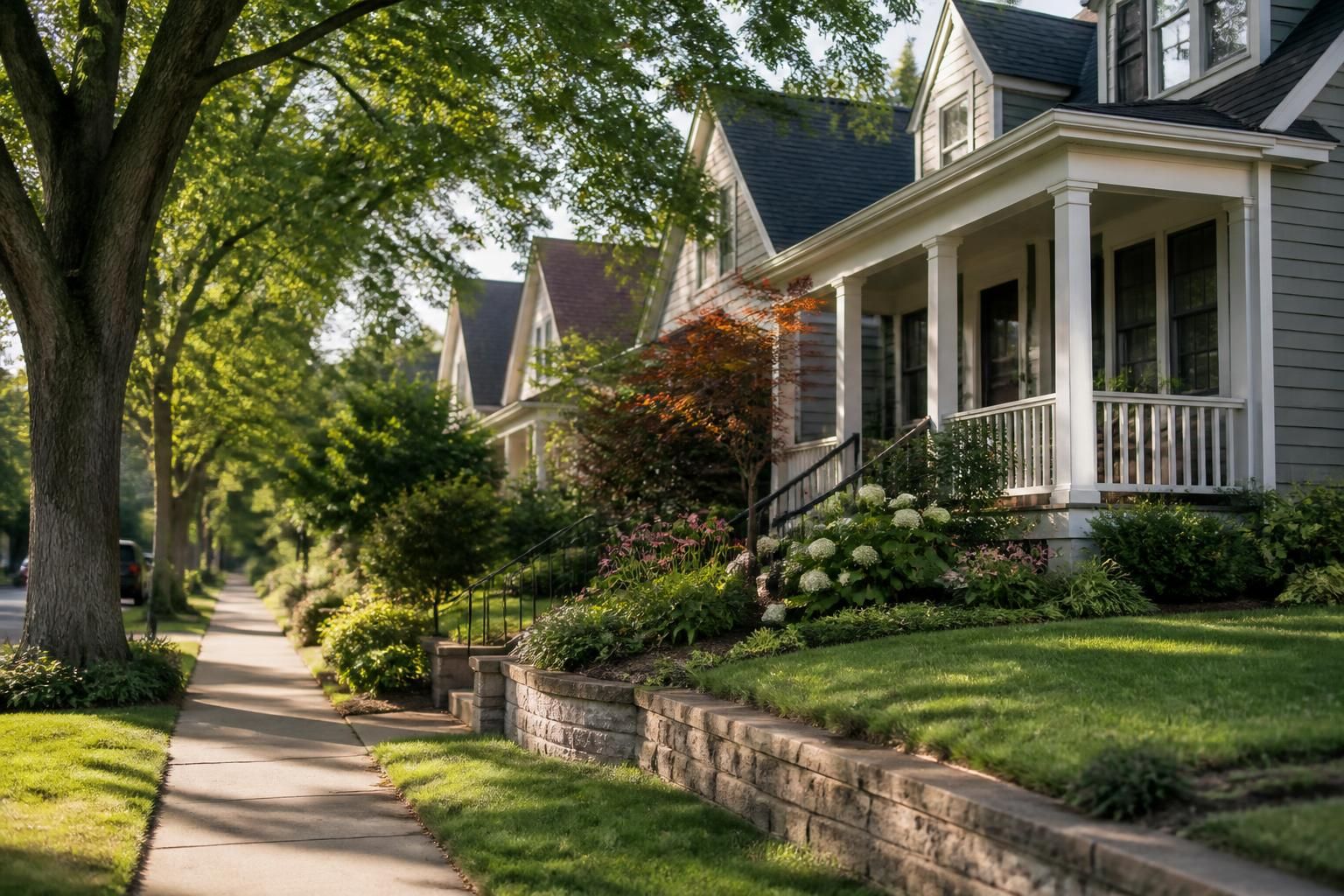 Welcoming neighborhood scene with tidy homes and mature trees.