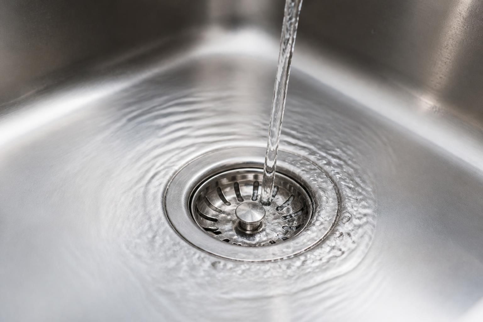 Clean kitchen sink drain with clear water flowing smoothly.