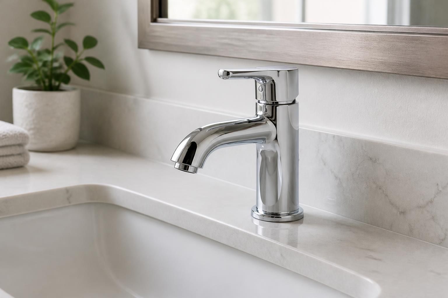 Newly installed chrome faucet above a pristine sink.
