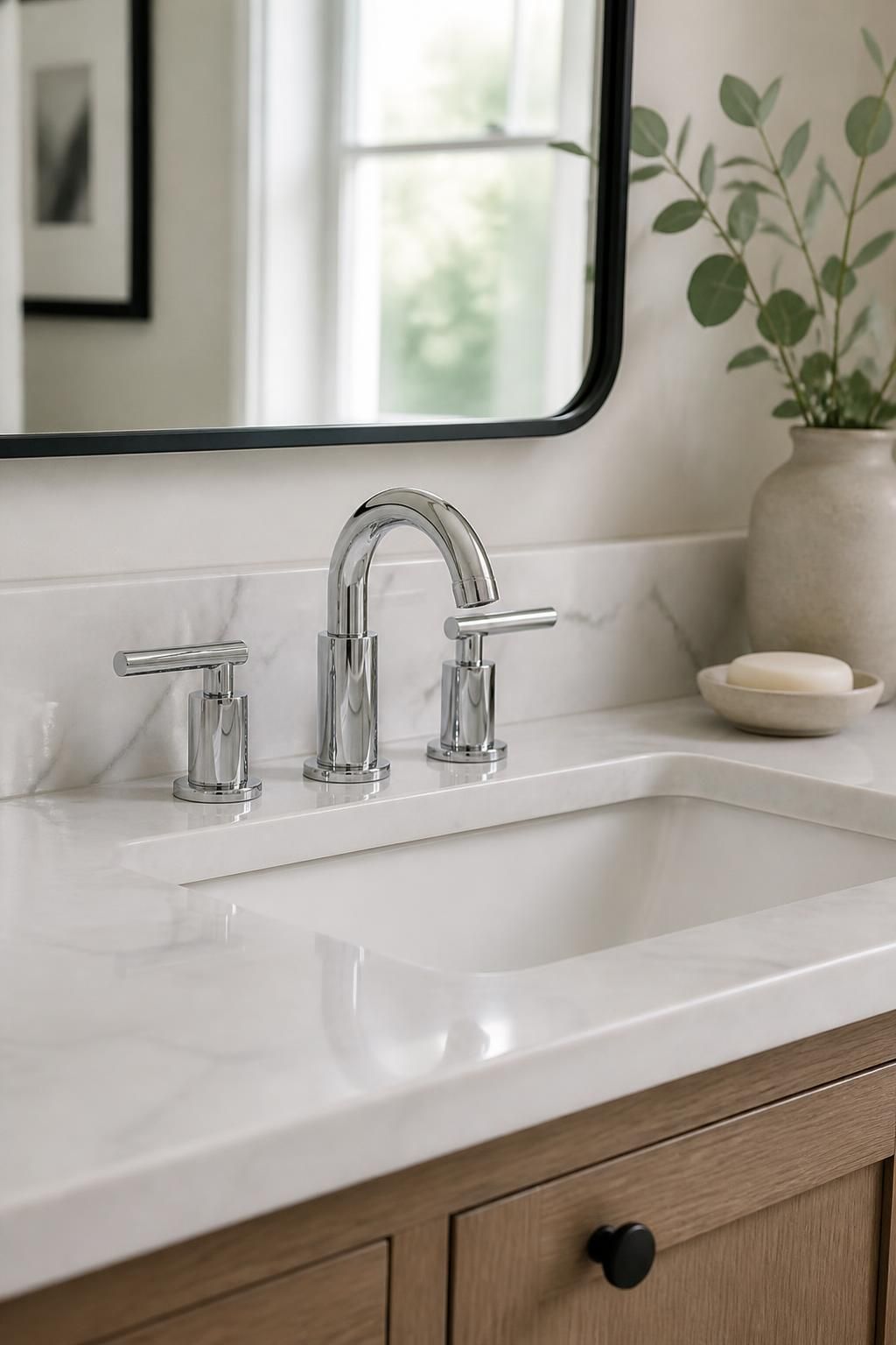 Finished bathroom vanity with a newly installed chrome faucet.