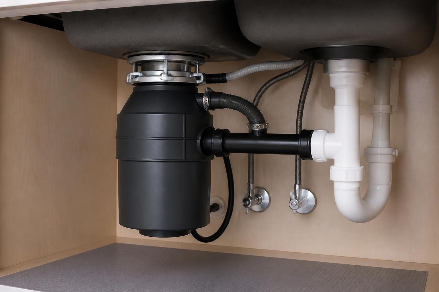 Kitchen sink underside with a properly fitted garbage disposal.