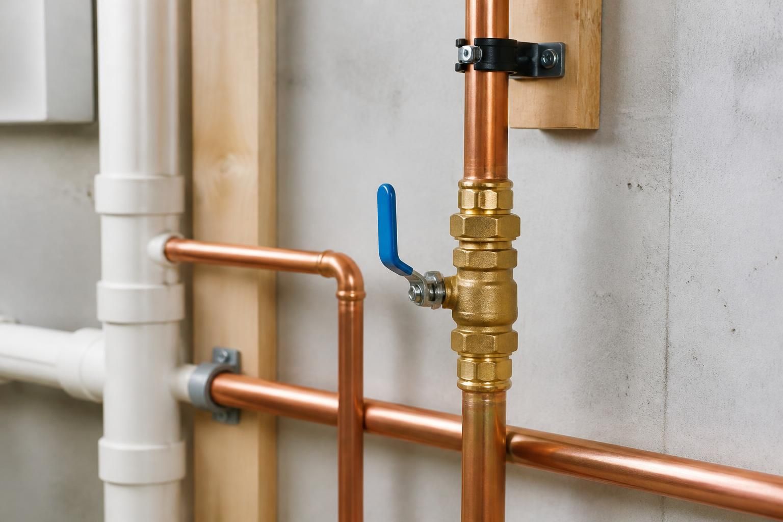 Newly replaced copper and PVC piping in a utility space.