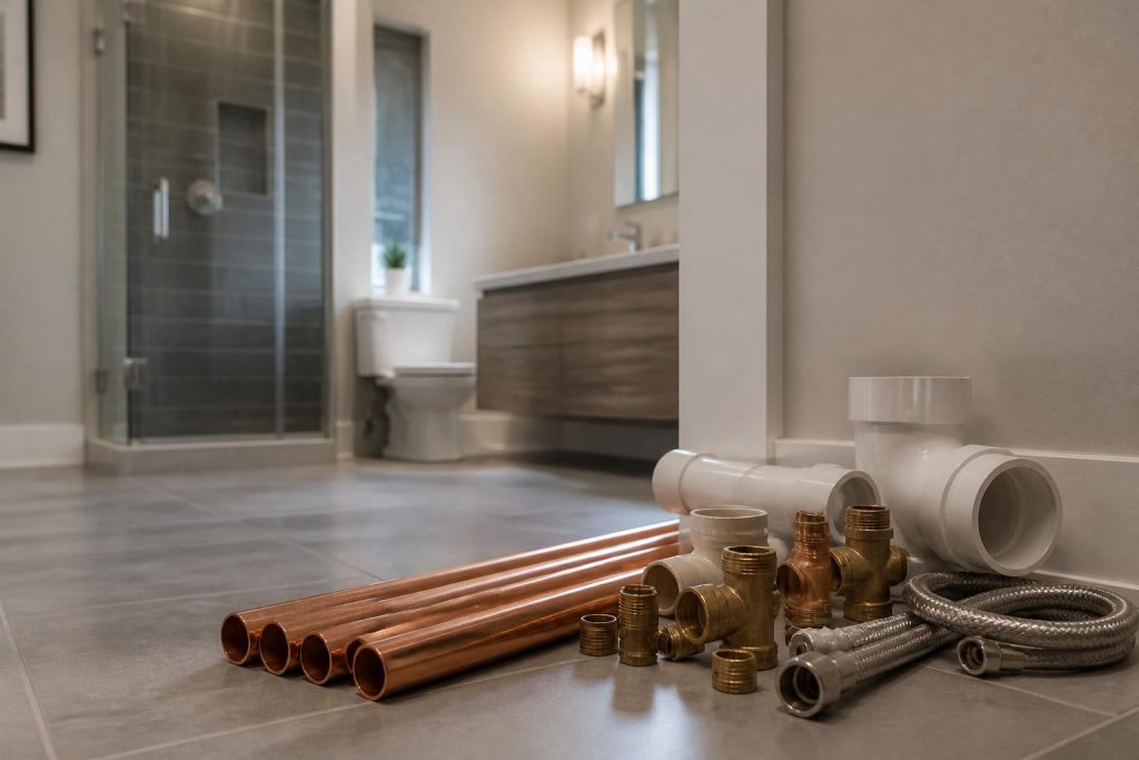 Neatly arranged plumbing materials beside a finished bathroom project.